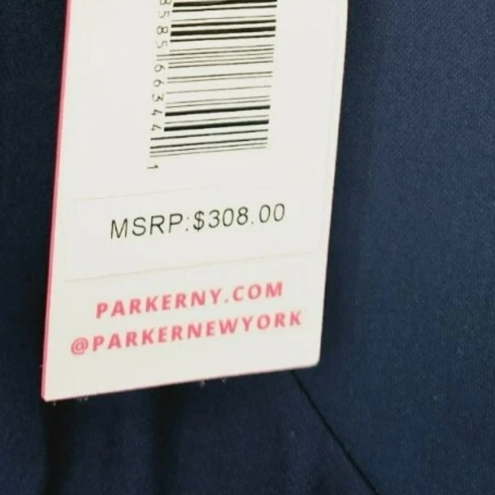 Parker Navy Blue Satin Mini Dress XS Tie Neck Long Sleeve Cascading Ruffle Hem - Picture 7 of 16